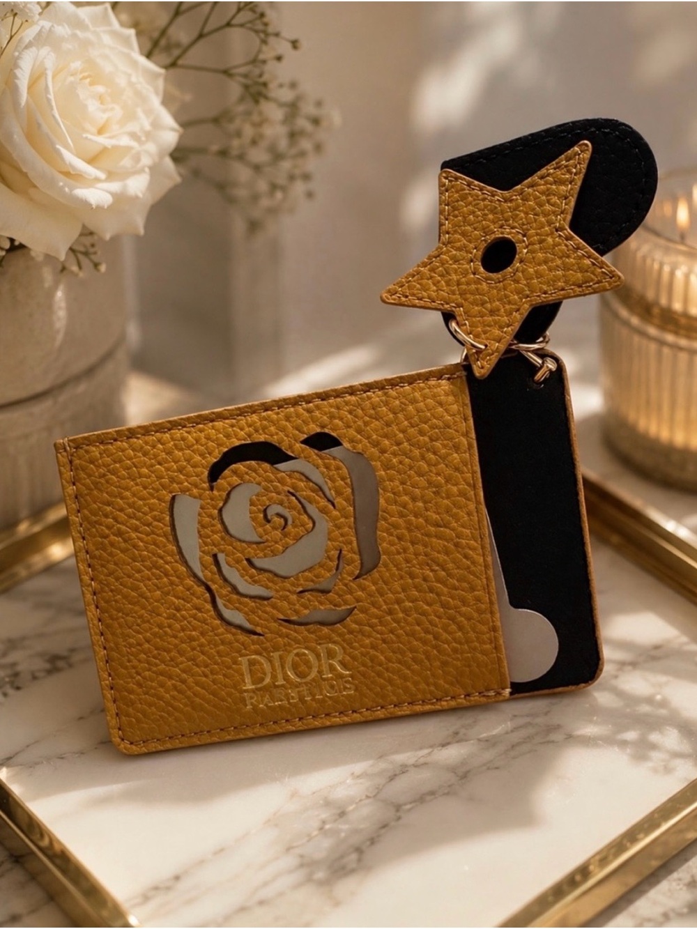 Dior Tan Leather Card Holder with Rose Cutout and Star Charm - Picture 2 of 4